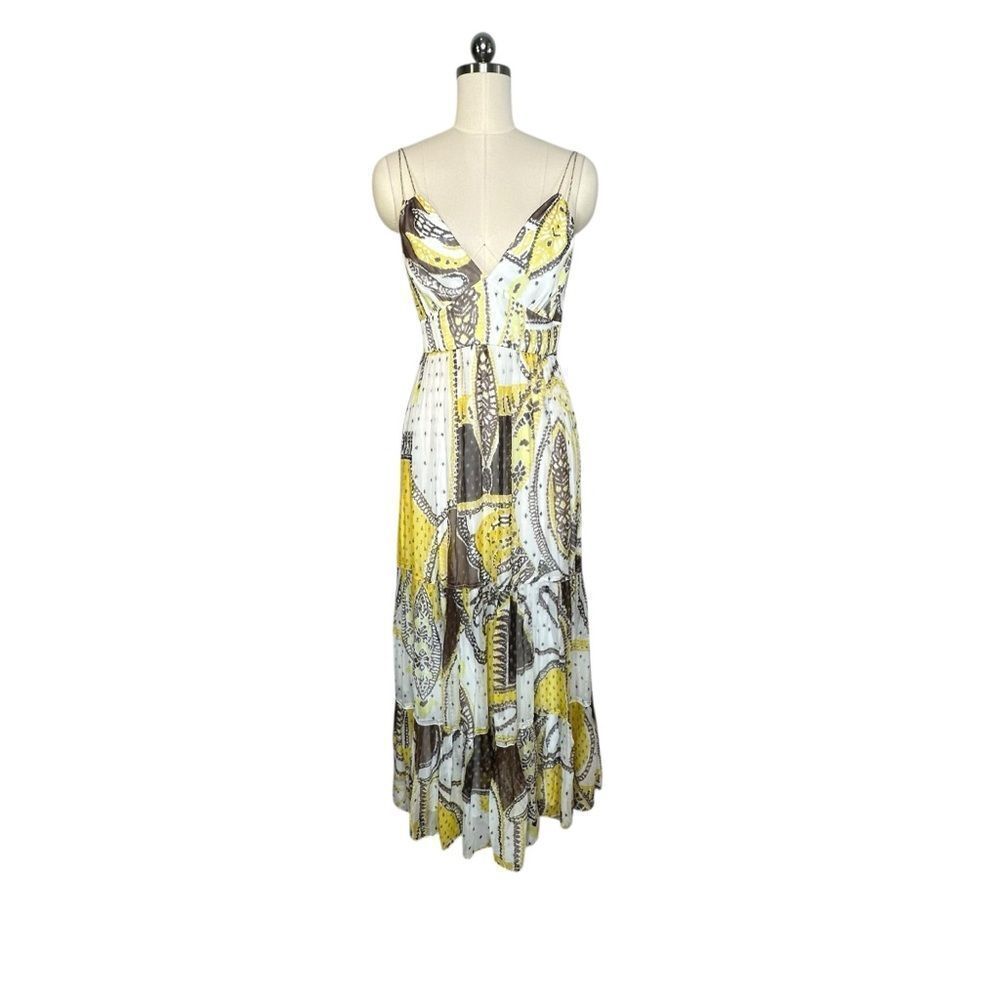 Elie Tahairi Yellow and White Silk Print Sleeveless Maxi Dress | Size 12